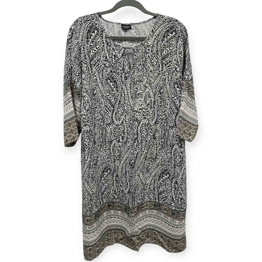Viventy Bernd Berger Size 48 (16) 3/4 Sleeve Shift Dress Gray Black Tan Paisley